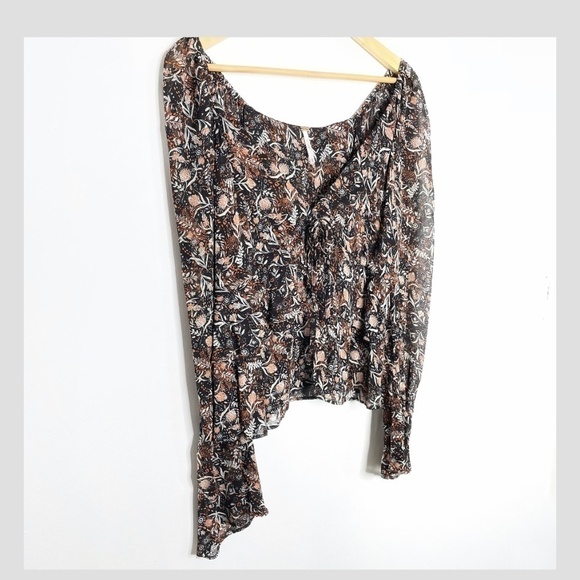 Free People Bell Sleeve Black Peach Print Top Long Sleeve Tie Front Blouse XS - Picture 6 of 7